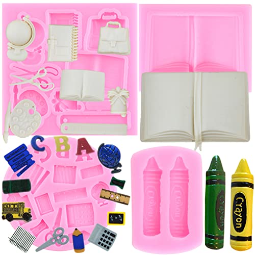 Mujiang Moldes de silicone de volta às aulas bolsa escolar livro giz de cera tesoura desenho paleta régua molde de fondant para topo de cupcake decoração de bolo chocolate doce artesanato pasta de goma conjunto de 4