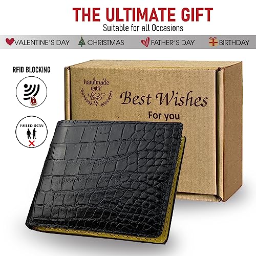 Image of HATA Black Yellow Bifold Leather Wallet for Men, Exotic Double-Sided Leather Wallet with RFID Blocking, Slim Credit Card Holder, Handmade Gift for Birthday, Anniversary, Father's Day VILE-119