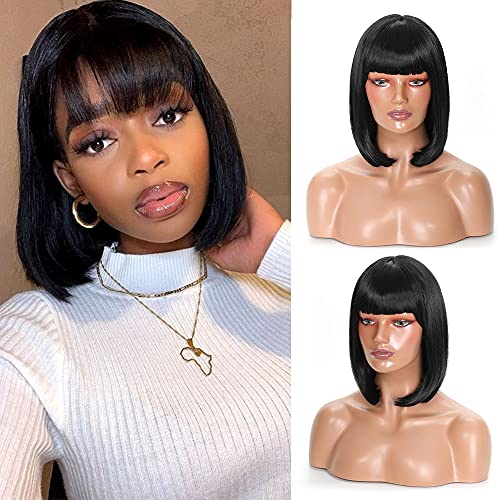 IQIIIK Short Straight Bob Wigs with Bangs Short Straight Natural Black Synthetic Natural Looking Heat Resistant Fiber Wigs 14 Inches