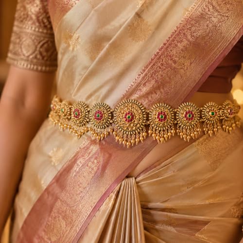 Image of VAMA FASHIONS Adjustable 18K Gold Plated Anti Tarnish Antique Vaddanam Kamarbandh Belly Chain Bridal Saree Waist Hip Belt Round Floral Ruby Green Stone Beads Drops South Indian Temple Jewelry for Women