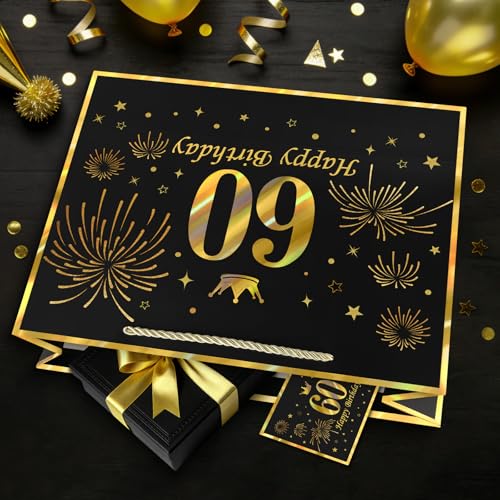 Image of JMANNI Black Gold 60th Birthday Gift Bag with Card and Tissue Paper, 12.6 inchx9.84 inchx3.9 inch Elegant Present Bag for Men Women, 60 Year Old Birthday Keepsake Party Supplies