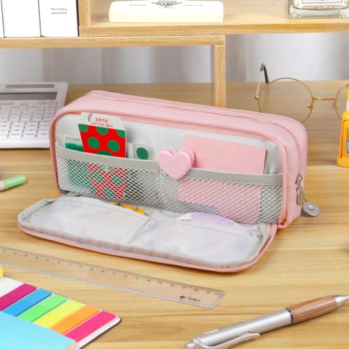 Image of MAMUNU Large Capacity Pencil Case, 3 Compartments Canvas Pencil Pouch with Zipper, Aesthetic Pencil Bag Pen Pouch for School Office Students Teen Girls Boys, Pink