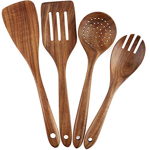 Set di 4 utensili da cucina in legno per pentole antiaderenti, forchetta, tornitore, mestolo, setaccio cucchiai