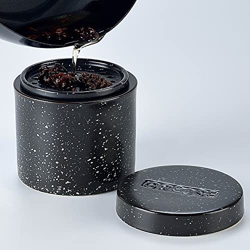Fettbehälter Schwarz Speck Ölsieb Topf, 425 ml Keramik Öl Vorratsdose Behälter mit Keramik Ölfilter Mesh Sieb, geeignet für die Aufbewahrung von Bratöl und Kochfett Cover