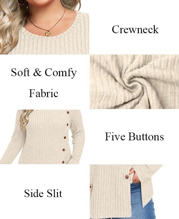 Image of HOTGIFT Womens Plus Size Sweater Tops Long Sleeve Crewneck Casual Tunic Shirts Buttons XL-5XL Blouse Soft Comfy Fashion