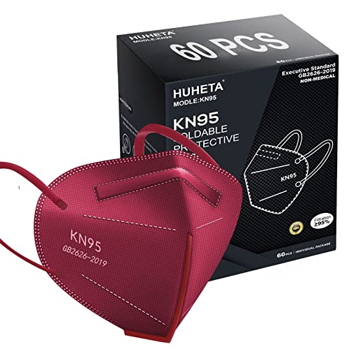 HUHETA KN95 Face Mask 60 PCs, 5-Ply Safety Masks for Men and Women, Filter Efficiency Over 95% (Red Mask)