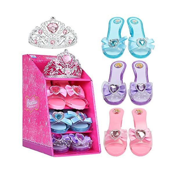 Mastom girls play set! Fashion princess dress up shoes and tiara (3 pairs of shoes + 1 tiara) role play collection for little girls