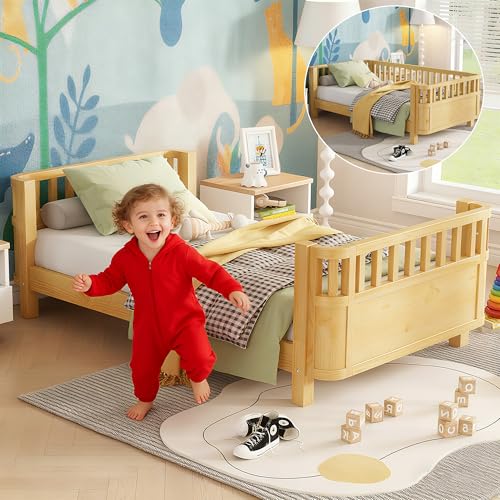 Aurnienofus Twin Kids Platform Bed with Rails, Natural