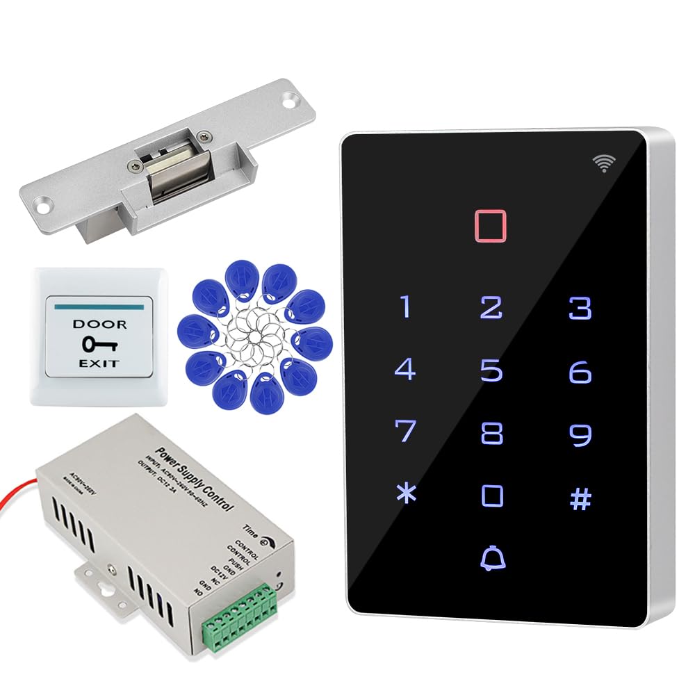 Il sistema di controllo accessi WIFI graffiti include una tastiera RFID touch impermeabile completa, una serratura elettrica a prova di guasto NC, un alimentatore DC12V/3A, un pulsante di uscita e 10
