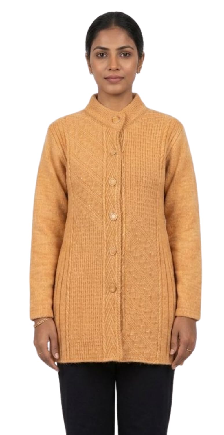 women's woolen cardigan sweater, full sleeve button front long knit sweater with high neck and cable pattern, winter wear for women, free size, camel