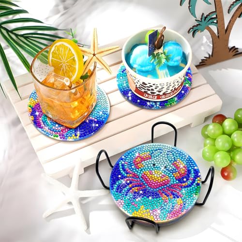 Image of ZTOTZ 8 Pcs Ocean Diamond Painting Coasters Kits with Holder,Sea Creature Diamond Art Painting Coaster Kit, Non Slip Coaster Art Supplies for Adults Beginner, Ideal Christmas Gift (Sharks,Jellyfish)