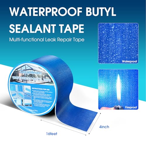 Image of Blue Waterproof Butyl Sealant Tape with Strong Adhesive,Heavy Duty Duct Tape for Pool Cover,Pool Liner Repair,RV Awning,Camper Patch,Pipe,Boat Leak Sealing,Roof Crack and Holes,Gutters Fix(4 inch x 16Ft)