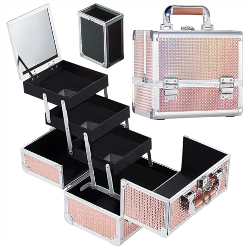 Image of MAYCREATE Portable Makeup Organizer Suitcase Aluminum Alloy Travel Suitcase Multi Compartment Stackable Drawers Design Make-up Artist Train Case with Makeup Mirror & Makeup Brush Holder