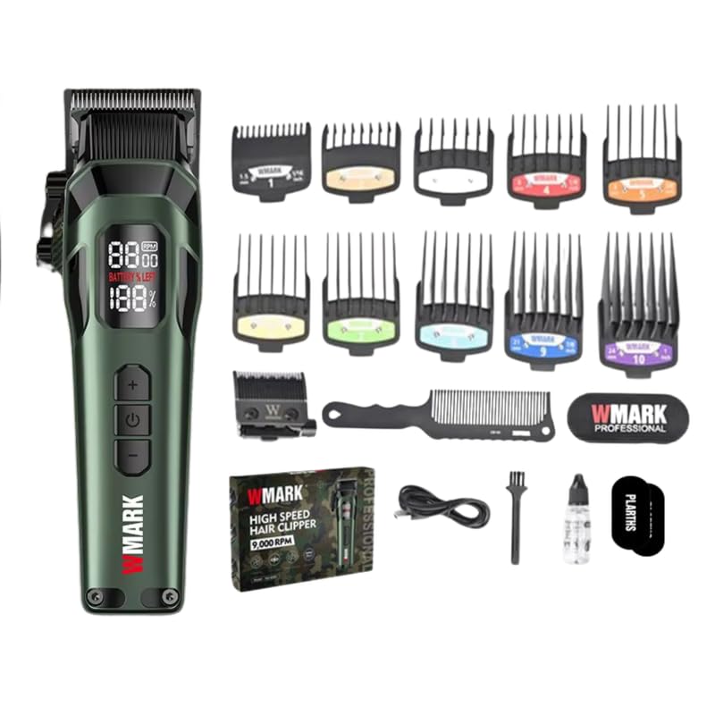 Image of WMARK NG-8080 Ultra-Premium Professional 7000-9000 RPM 5 Speed Hair Clipper Set Digital Display 10 Guide Comb Taper Lever Extra Blade Set Hair Comb Cleaning Brush & 2 Hair Sticker 300 min, Model 33