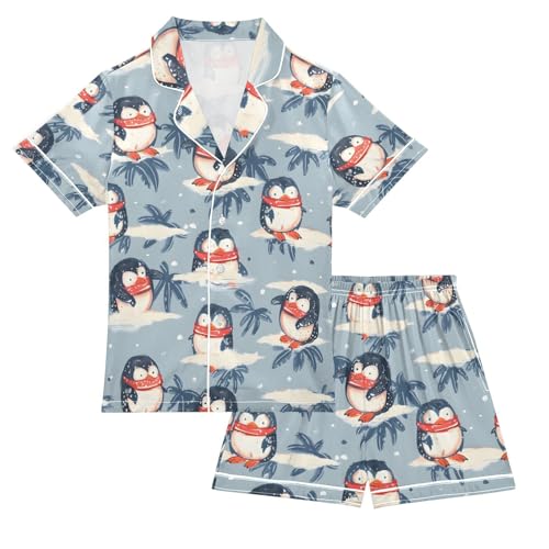 ALAZA Penguin Blue Palm Tree Pajamas Satin Pajama Set Short Sleeve Button Down Sleepwear