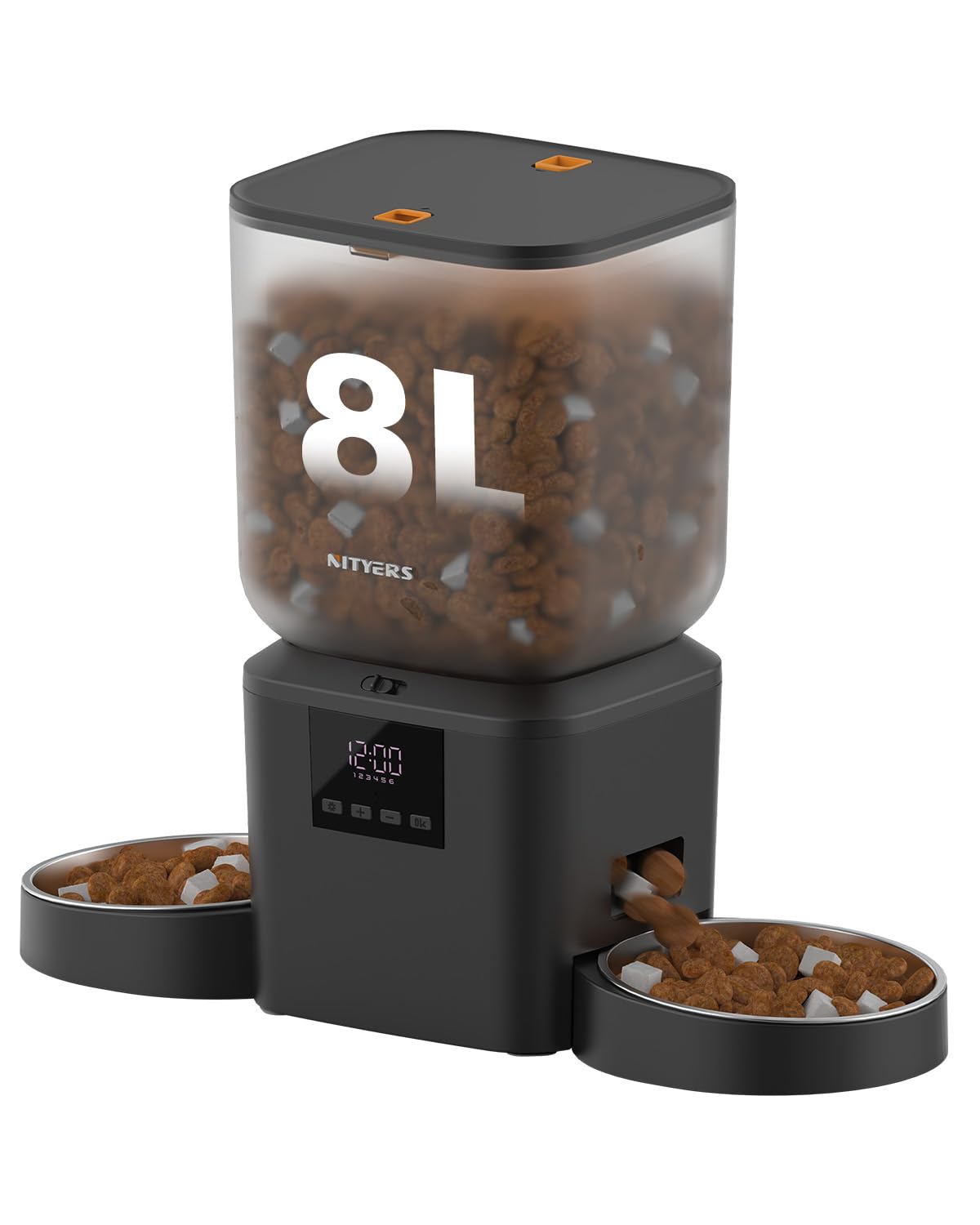 Comedero Gato Automatico 2 Tazones para Gatos y Perros | 8L, 2 Cuencos de Acero Inoxidable, para Pienso Seco 2-18mm, Hasta 50 Porciones y 6 Comidas al Día, Grabación 10s, Fresco