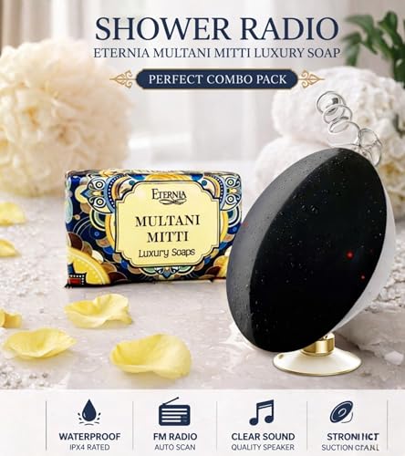 Image of Eternia Multani Mitti & Saffron Soap Bar (250g) Face & Body Cleanser with Waterproof Shower Radio | Natural Bath Combo for Bright, Clear & Radiant Skin