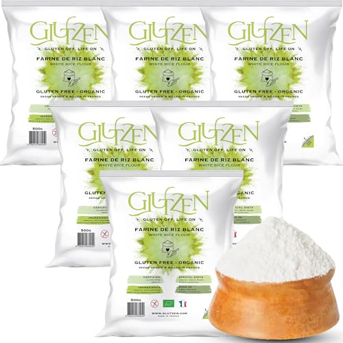 Harina de arroz blanco ecológica GLUTZEN. Ideal para pan sin gluten, masas de pizza, pasta sin gluten, tortitas, galletas y magdalenas. Celíacos, veganos, sin alérgenos, deportistas. (6x500g)