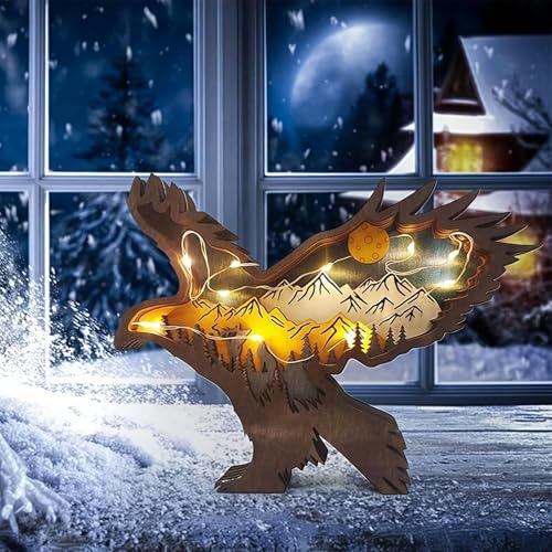 Drawelry 3D Waldtiere Holzstatue Ornament mit LED Nachtlicht Holzhandwerk Panda Wolf Fuchs Adler Elefant Eisbär Holz Tiere Schnitzerei Skulptur für Home Schlafzimmer Kinderzimmer Desktop Dekor (Adler)