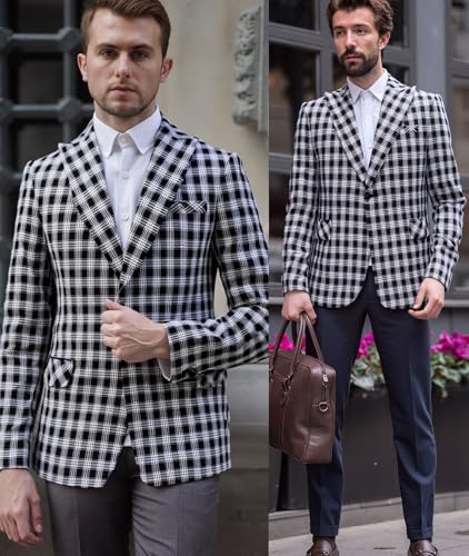 Men Black and White Plaid Blazer, Two-Button Sport Coat, Business Casual Lightweight Single Breasted4