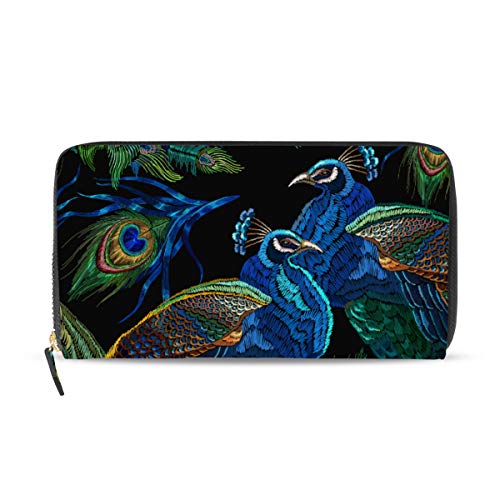 AGONA Womens Wallet Blue Peacocks Wallet for Women Long Wallet PU Leather Zip Around Phone Clutch Handbag Card Holder Purse Girls Men