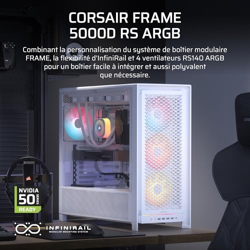 CORSAIR Frame 5000D RS ARGB Boîtier Modulaire Mid-Tower à Haut Débit d'air – 4 x Ventilateurs RS Pré-Installés, Système de Support pour Ventilateur InfiniRail – Blanc