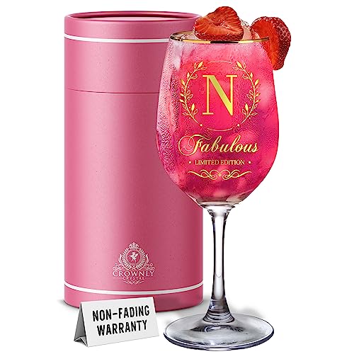 CROWNLY CRYSTAL Personalised Gin Glasses for Women Pink Gift Ideas Happy Birthday for Her Christmas Wine Glasses Personalised for Women Special Present for Her (N)