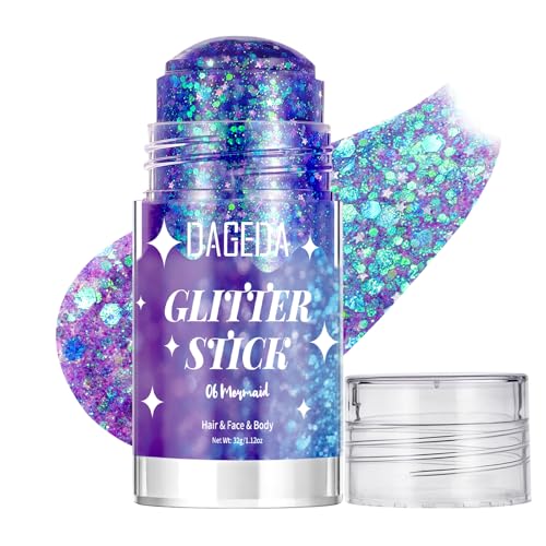 DAGEDA Mermaid Body Glitter Stick Sparkly Hair Face Glitter Makeup for Women Rave Outfit Accessories Holographic Mermaid Glitters Face Paint Stick for Women Halloween Makeup 1.12 oz