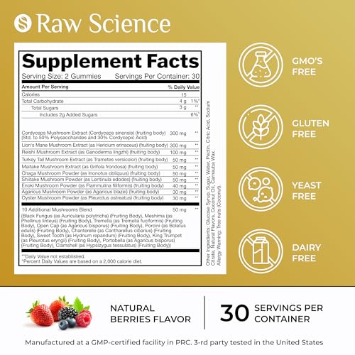 Mushrooms Complex Gummies with Lions Mane, Nootropic Brain Supplements for Memory and Focus: Lion's Mane, Cordyceps, Shiitake, Turkey Tail, Reishi, Chaga, Enoki, Oyster Mushroom Supplement - 60 Units - Image 3
