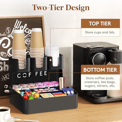 Image of Lifewit 2-tier Coffee Station Organizer Caddy for Countertop, 10 Compartments Coffee Bar Organizers for Cups, Pods, Sugar, Compact Condiment Holders Storage for Office Breakroom Kitchen Home Black