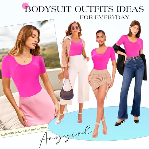 Image of Anygirl Short Sleeve Shapewear Bodysuit for Women Tummy Control Round Neck Body Shaper Seamless Thong Bodysuits T-Shirt Tops