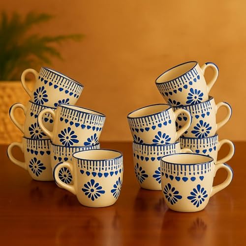 Image of HandPainted Ceramic Tea Cups Set of 12 Small Coffee Chai Serving Mug Microwave Safe | Ideal Gift for Anniversary, Housewarming Parties | Gifts Set for Family&Friends 100 ML Each (Blue Floral Jhallar)