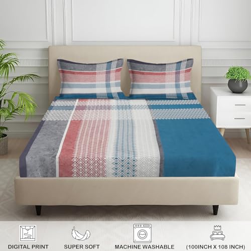 Image of Signature Digital Print Geometric Designs Super King Size Bedsheet - 108 x 108 inches | 100% Cotton-Feel Soft Fabric | Fade-Resistant Colors | 2 Matching Pillow Covers (Weave Stripes)