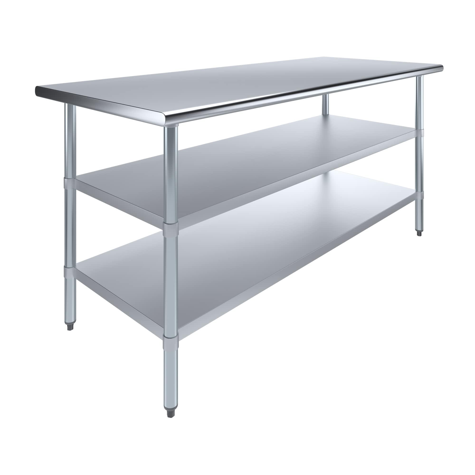 AmGood 72 in. Long x 30 in. Deep Stainless Steel Work Table with 2 Undershelves - NSF 18-Gauge 430 Top, Dual Galvanized Shelves | Commercial Prep Table, Adjustable Feet