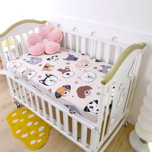 Image of Soft Doggy Cute Puppy Doggies Printed Fabric Crib Sheet for Boys Girls,2 Pack Crib Mattress Sheets or Toddler Bed Sheet, Baby Bassinet Sheets Fitted Crib Sheet (Cream)