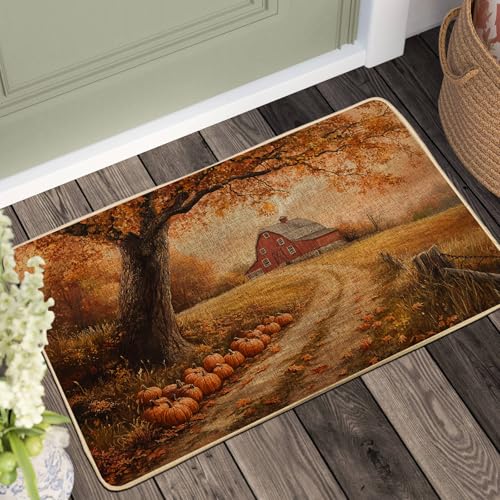 Tapete de cosecha otoñal, calabazas naranjas para interiores y exteriores, decoración rústica, de goma, impermeable, antideslizante, absorbe el polvo, fácil de limpiar, 73 x 43 cm