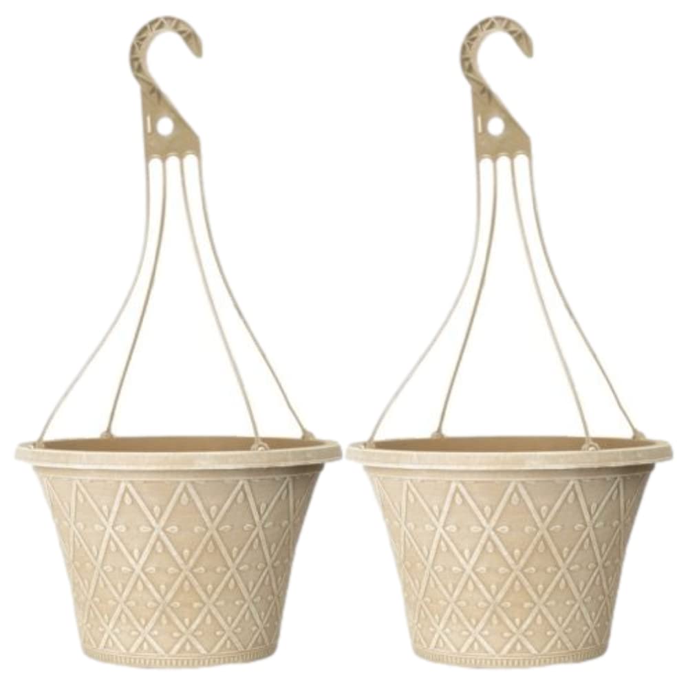 Fyne-Finds Cream Set Of 2 Hanging Basket 30Cm 12Inch Outdoor Planter Decorative Weatherproof Drainage Hole Plant Pot