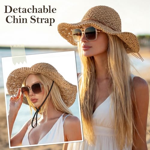 Image of Beach Sun Straw Hats for Women, Floppy Wide Brim Summer Straw Hats, Foldable Packable Roll up Cap