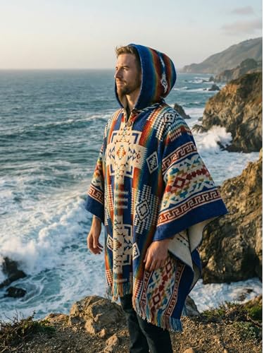 Image of Wool Poncho Adult Ponchos With Hood for men Alpaca Poncho Men Artesanal Ponchos Adult Alpaca Mens Panchos