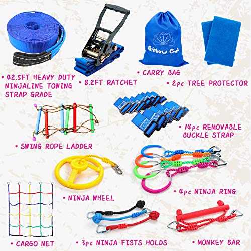 rainbow craft Ninja Line Obstacle Course - Heavy Duty Towing Strap Grade Ninjaline, Cargo Net, Ninja Wheel, Monkey Bar, Ninja Fists Holds & Ninja Rings - Kids Backyard Training Equipment Outdoor Play - Thumbnail 5