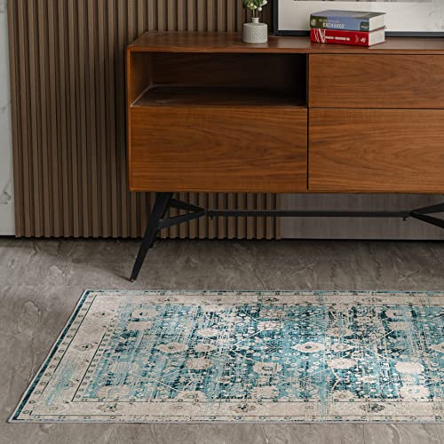 Syalife Washable Rug Vintage Area Rugs, 3'X 5' Living Room Rug With Non Slip Backing, Ultra-Thin Medallion Distressed Non-Shedding Boho Rug, Persian Vintage Floor Mat Indoor Rug (Blue/Grey, 3'X 5') #TOP3