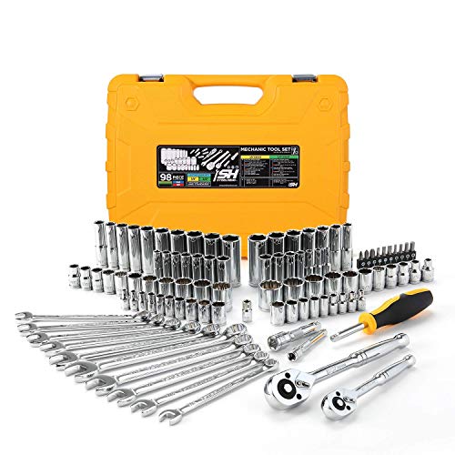 STEELHEAD 98-Piece Mechanics Tool & Socket Set (ANSI), SAE & MM, 1/4”, 3/8” 72-Tooth Quick-Release Ratchet, 6 & 12 Pt. Sockets, Combination Wrenches, Screwdriver Bits, Universal Joint, Extensions
