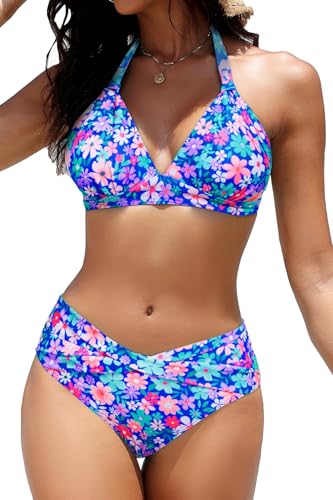 Image of Yonique Women Two Piece Bathing Suits Push Up Bikini Set Halter Swimsuit Vintage Swimwear