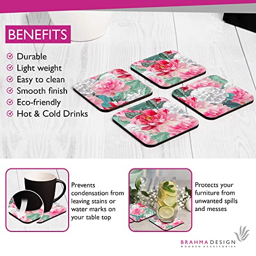 Image of Wooden Coaster Set with Gift Box | Red Chrysanthemums Design | Set of 4 Tabletop Square Coasters 3.75 inch x 3.75 inch | Kitchen Table Wooden Decorative Items | for Cups, Mugs, Cans, Glasses