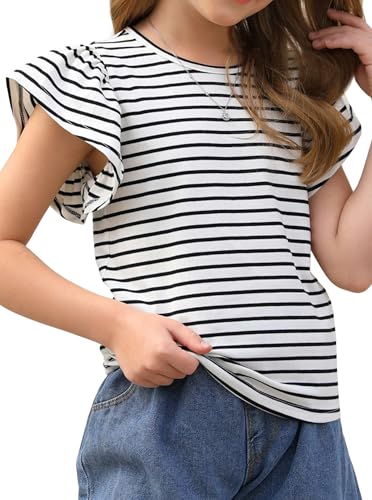 Image of Girls Striped Shirts Ruffle Sleeve Cute Top Crew Neck Casual Summer Tees White 11-12Y