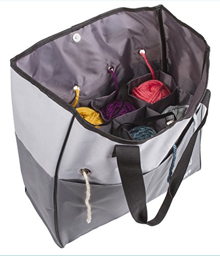 Image of ArtBin 6821AG Yarn Tote, Portable Knitting & Crochet Storage Bag with Lift-Out Yarn Organizer, [1] Poly Canvas Tote Bag, Gray & Black