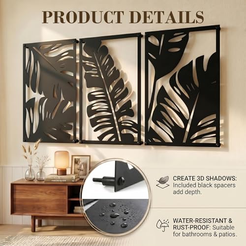Black Metal Wall Art Set of 3, Elegant Floral Wall Decor with 3D Effect, Water-Resistant Modern Flower Silhouette Sculpture for Living Room, Bedroom, Bathroom and Office (Flower, 17 x 12 in) - Image 6
