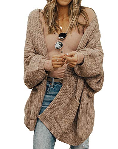 Remikstyt Womens Open Front Cardigans Long Sleeve Knit Oversized Sweaters with Pocket (Large,Khaki)