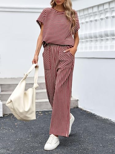 Image of Tankaneo Womens Striped 2 Piece Sets Short Sleeve T Shirts Wide Leg Pants Matching Lounge Set with Pockets