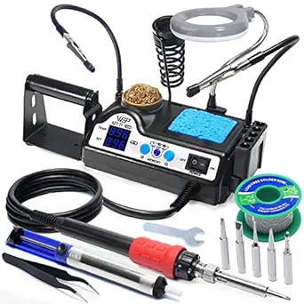 WEP 927-IV 110W Soldering Iron Station Kit with LED Magnifier, 2 Helping Hands, 30g LEAD-FREE Solder Wire, 3 Soldering Tips, Desoldering Pump, ESD-Safe Tweezers